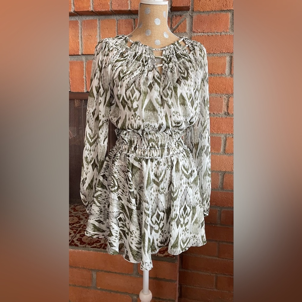 MISA Los Angeles Mercy Green Geo Print Mini Dress Long Sleeves Smock Waist XS